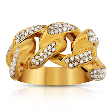 Mens Diamond Cuban Link Ring 14k Yellow Gold 1 Ctw